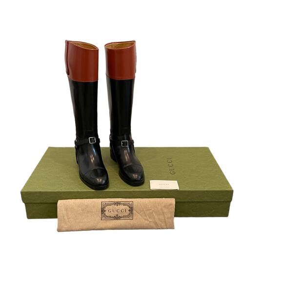 GUCCI Aria Horsebit Harness Leather GG Logo Knee High Riding Boot Sz 39 /US9 NEW - Picture 1 of 16